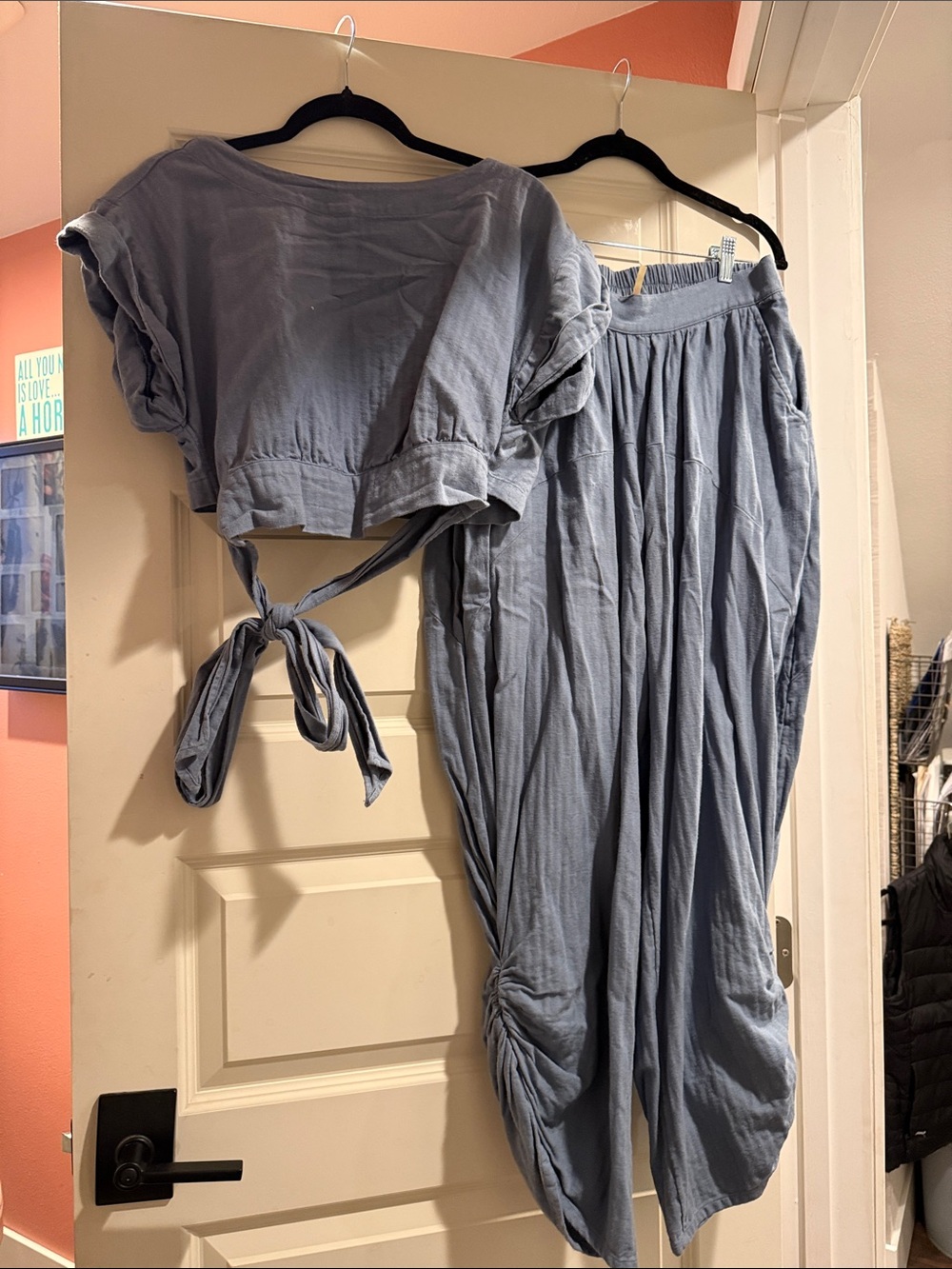 Free People Dusty Blue Cropped Tie-Back Top & Harem Joggers Set